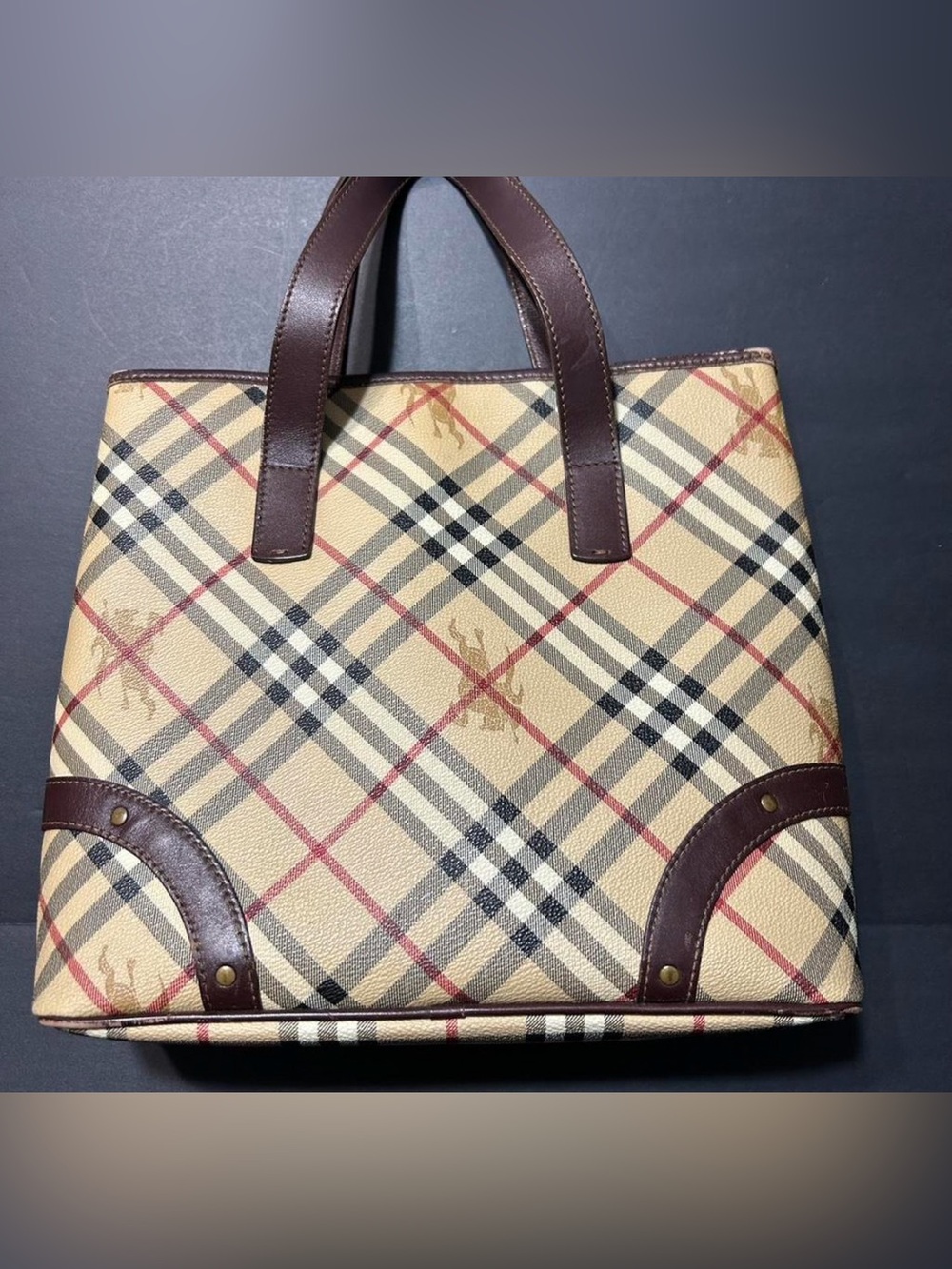 Vintage Burberry Classic Plaid Tote Bag with Brown Leather Trim